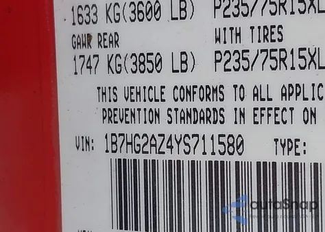 2000 Dodge Dakota Slt/Sport from USA, damaged, VIN 1B7HG2AZ4YS711580